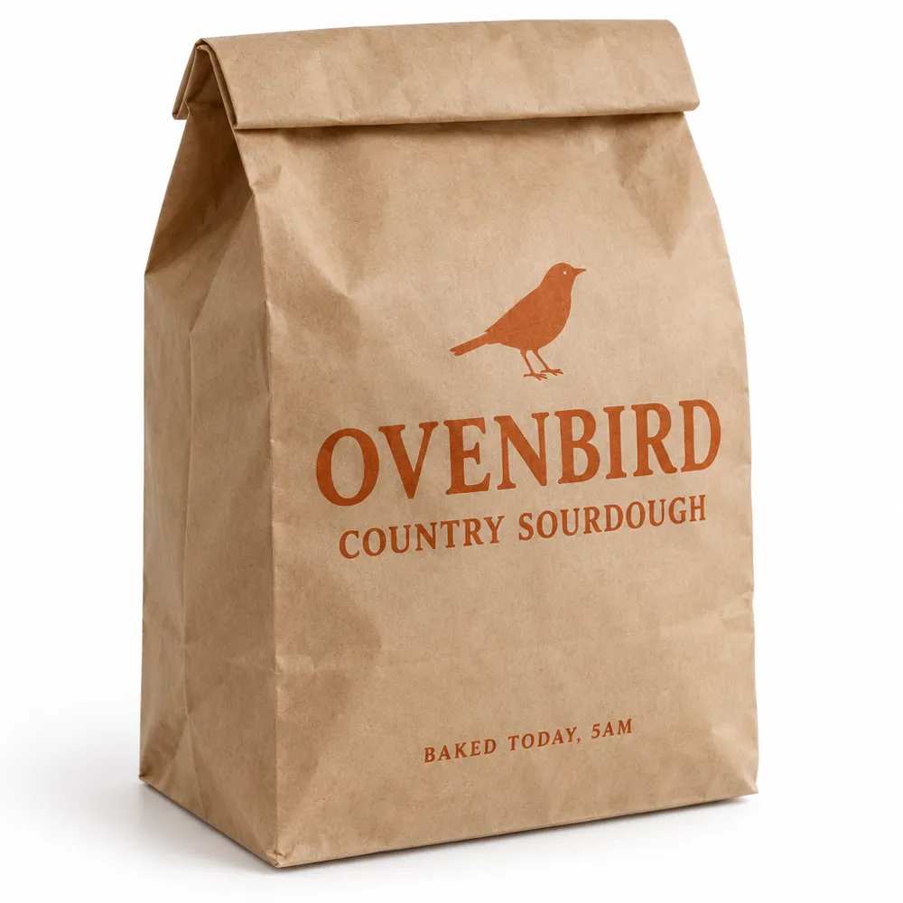 A brown paper bread bag printed with the Ovenbird bird and name