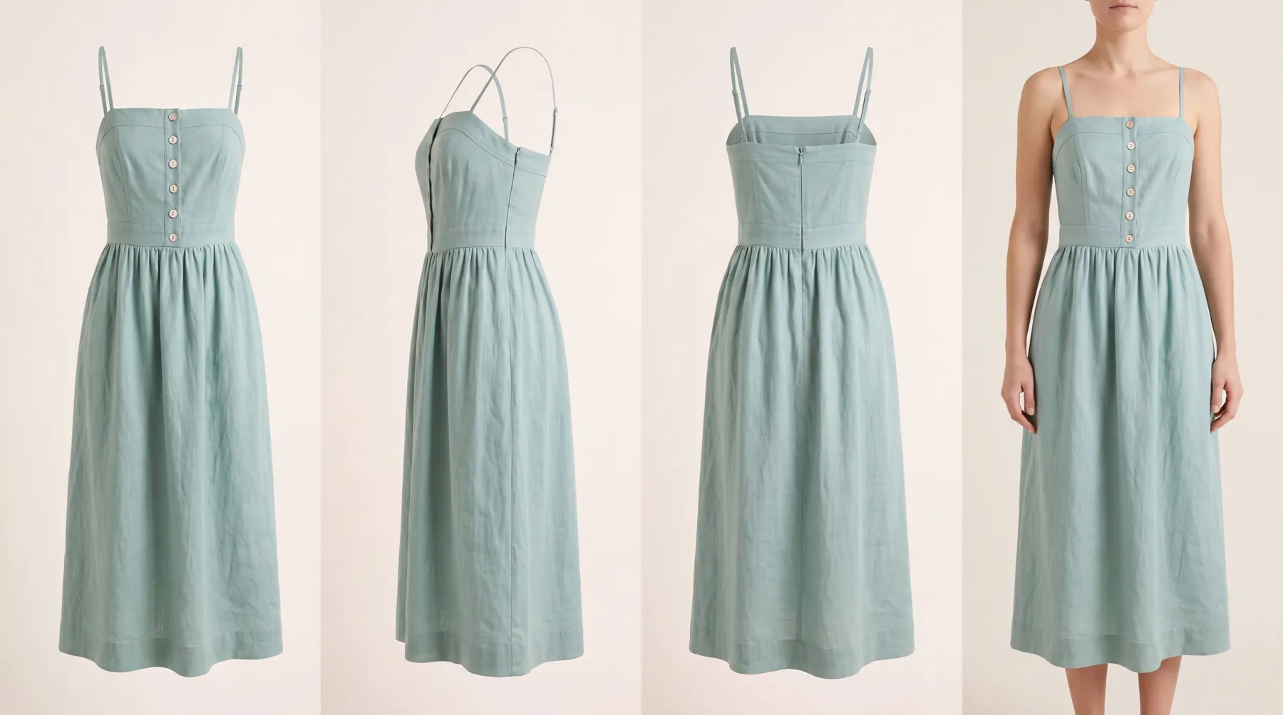 The dress sheet: the dress from the front, the side and the back, and worn