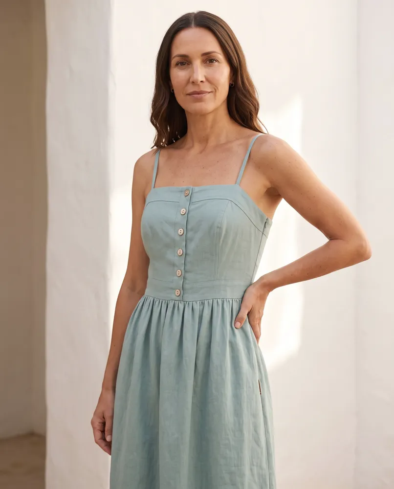 A close view of the dress bodice and its buttons, worn by Nell
