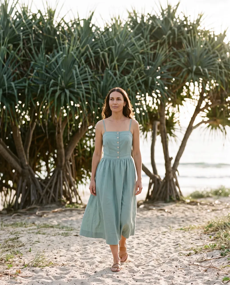 Nell walking a sandy beach path in the dress, in late afternoon light