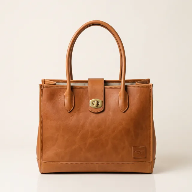 The tan leather tote from the front
