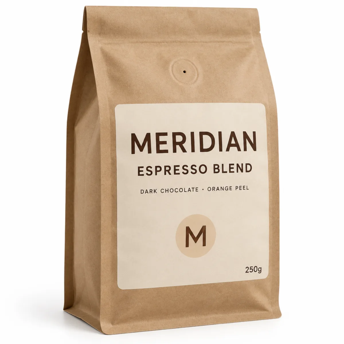 The Meridian Coffee Espresso Blend bag: kraft paper with a cream label, the M mark and 250g, on a white background.