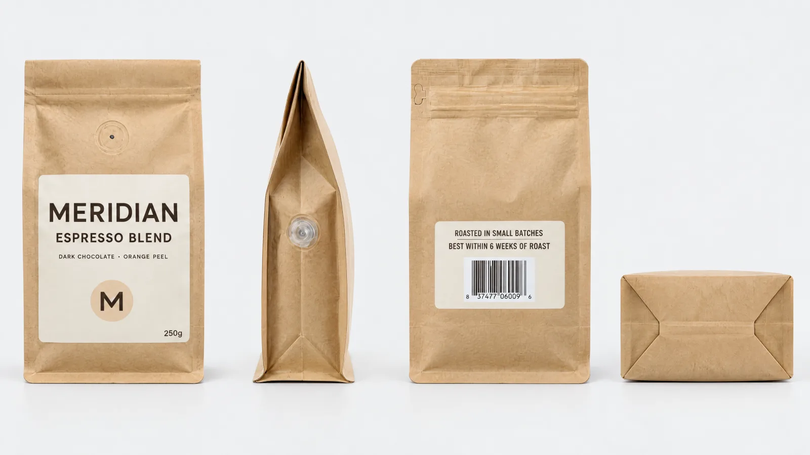 The bag's product sheet: the Meridian Espresso Blend bag from the front, the side, the back and the base.