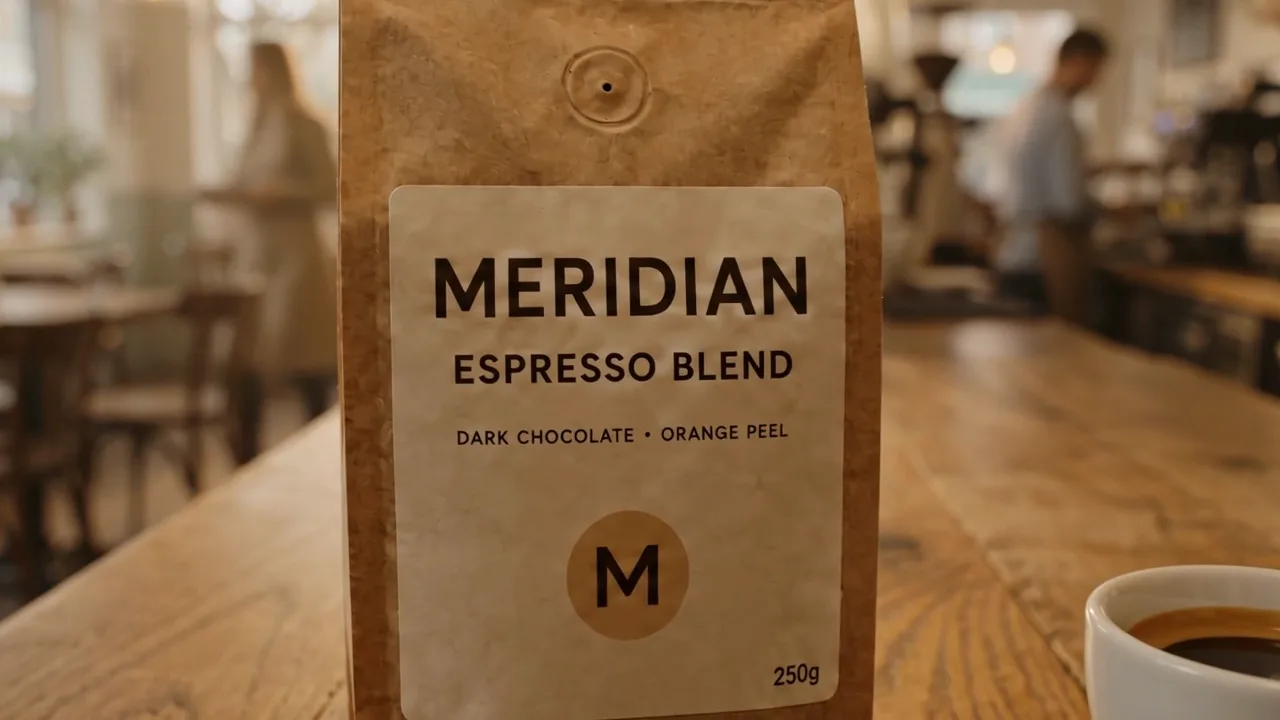 A frame from the end of the reel: a close view of the Meridian Espresso Blend bag's label on an oak café counter, a cup of espresso beside it.