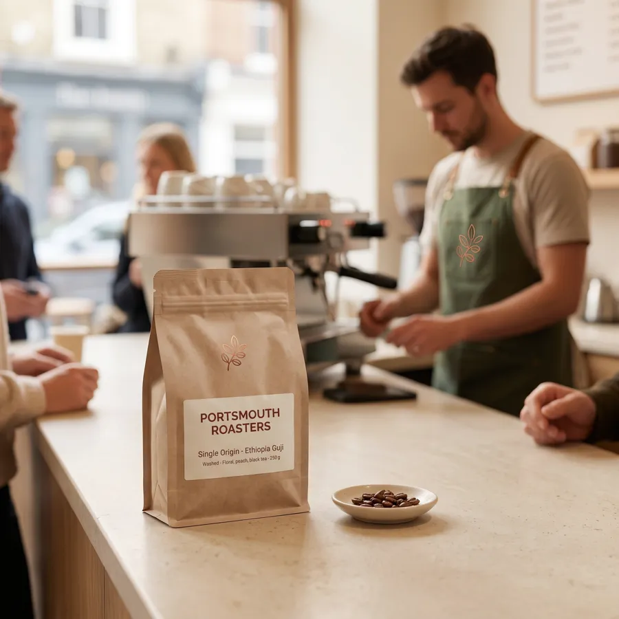 A coffee bag on a counter, a barista behind it whose apron carries a leaf instead of the brand's mark
