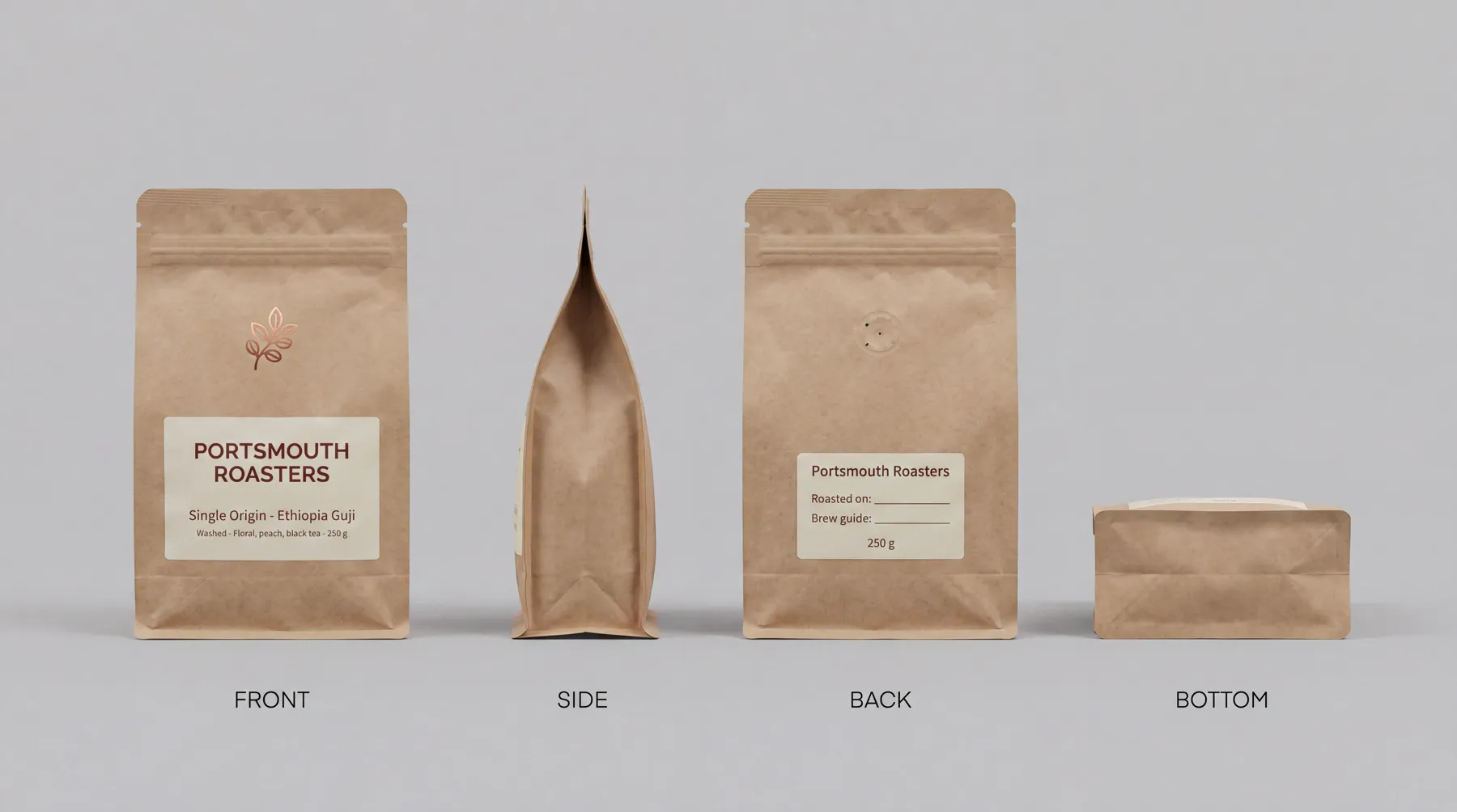 The single-origin coffee bag from the front, the side, the back and the bottom