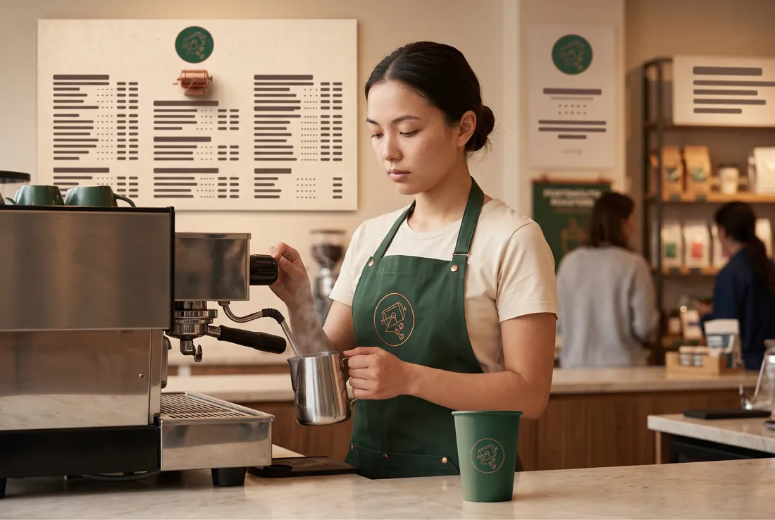 Mila at the espresso machine, the menu board and a green cup behind her