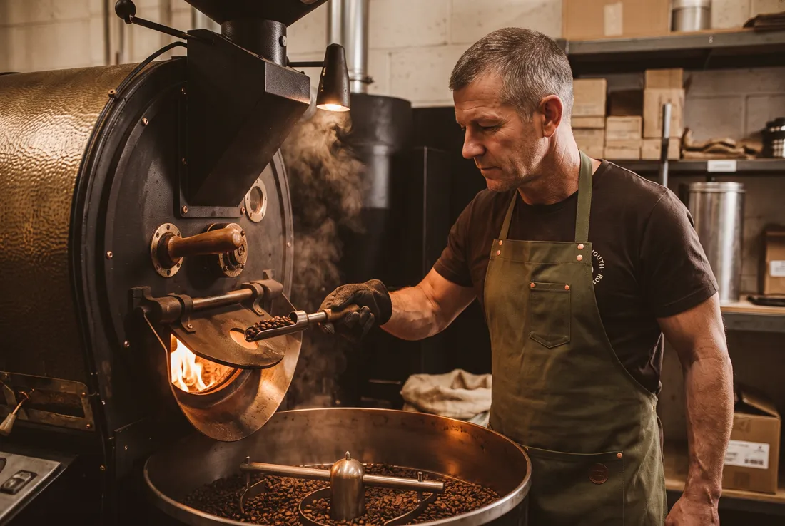 Ray at the roasting drum, checking the beans by the fire glow