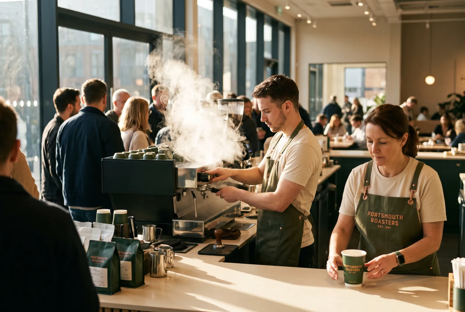 A busy café counter, baristas in green aprons, steam rising and customers waiting