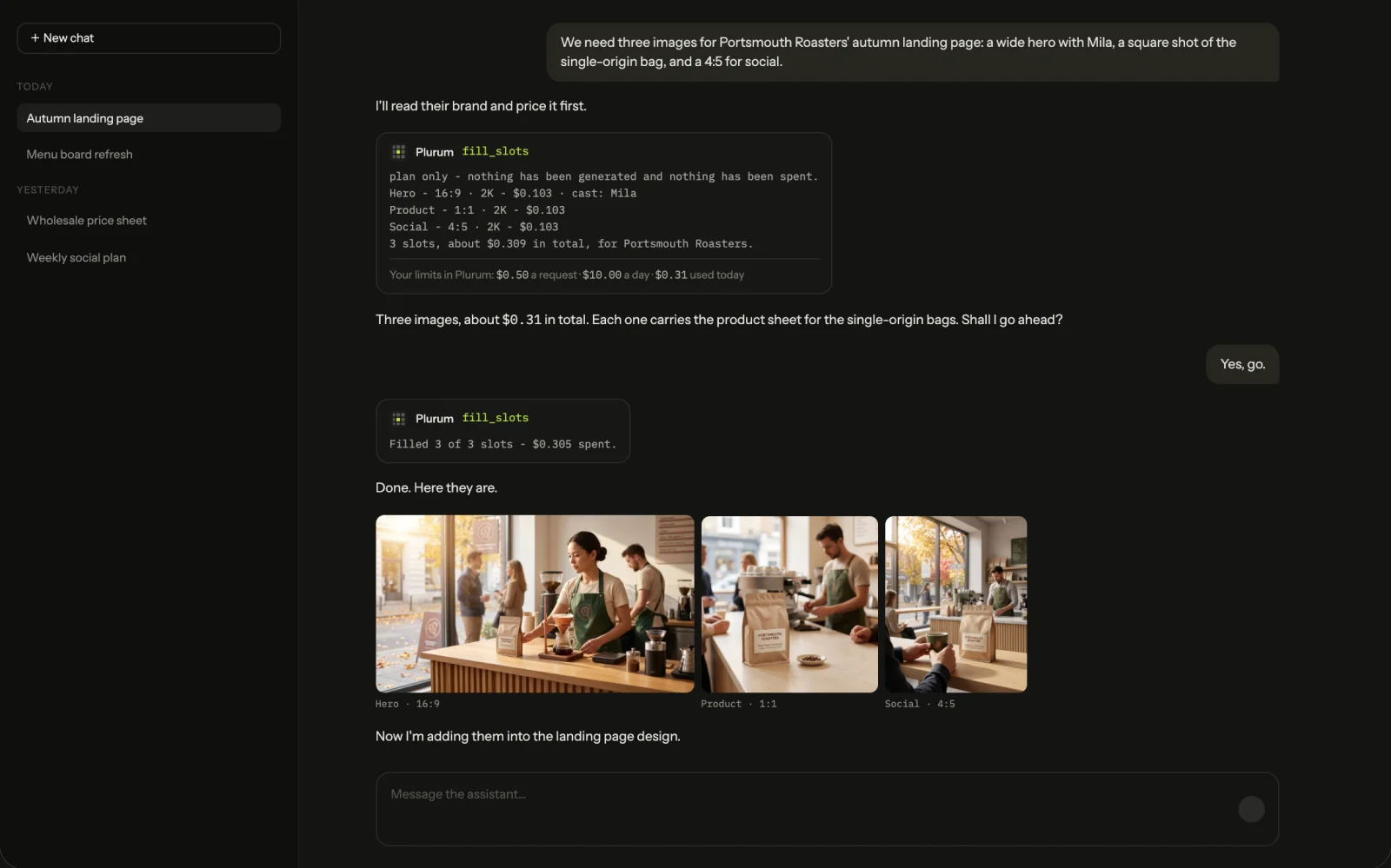 An AI assistant using Plurum as a tool: it prices three images for a client, its user says yes, and the images are made, handed back and placed into a design